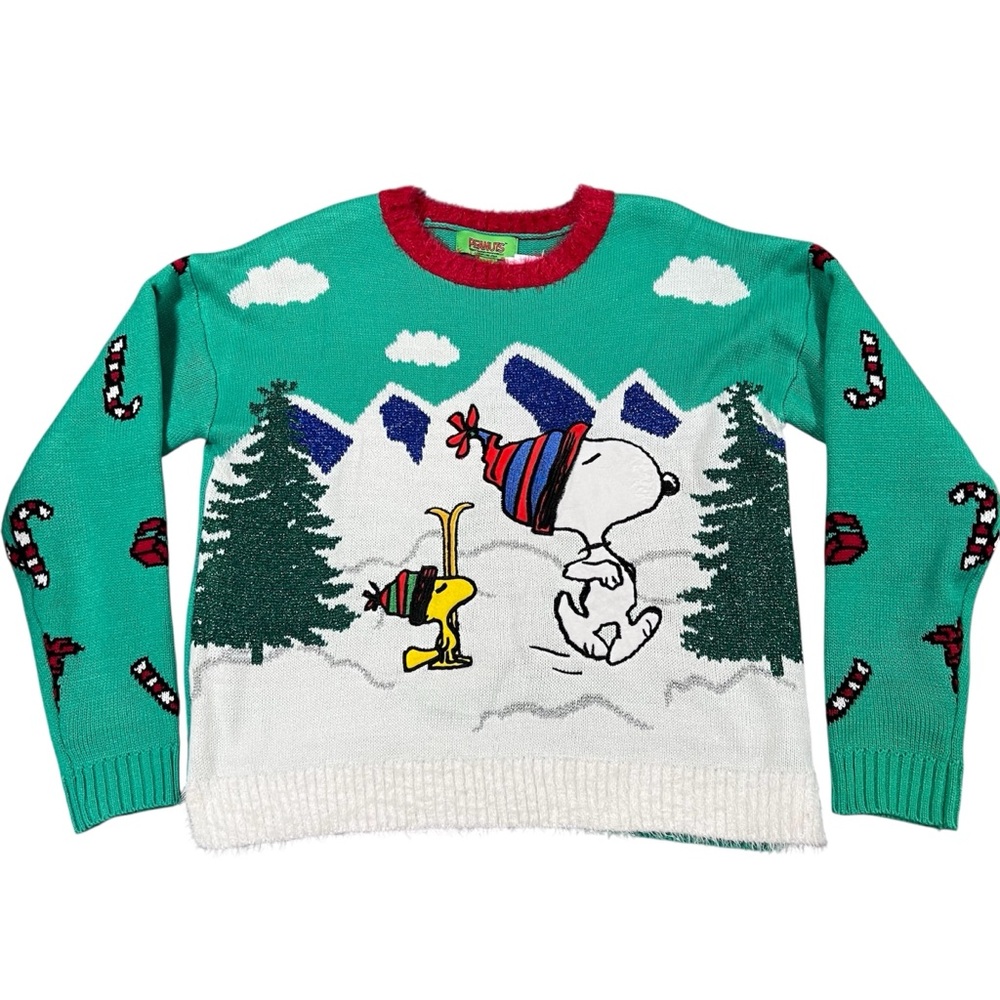 Hooked Up by IOT Juniors' Snoopy and Woodstock Skiing Christmas Sweater Sz M NWT